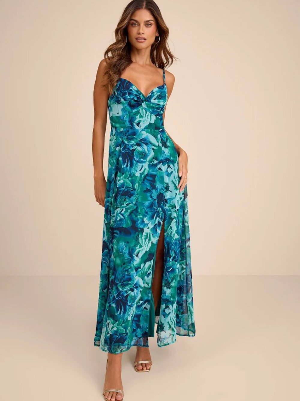 Green & Blue Floral Maxi Dress with Front Slit